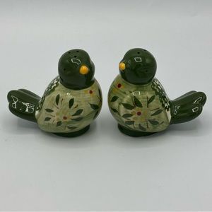 Temptations by Tara Love Bird Salt and Pepper Shakers Green Old World Pattern